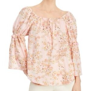 Status by Chenault NWT Pink Coral Flared 3/4 Length Sleeve Floral Peasant Top
